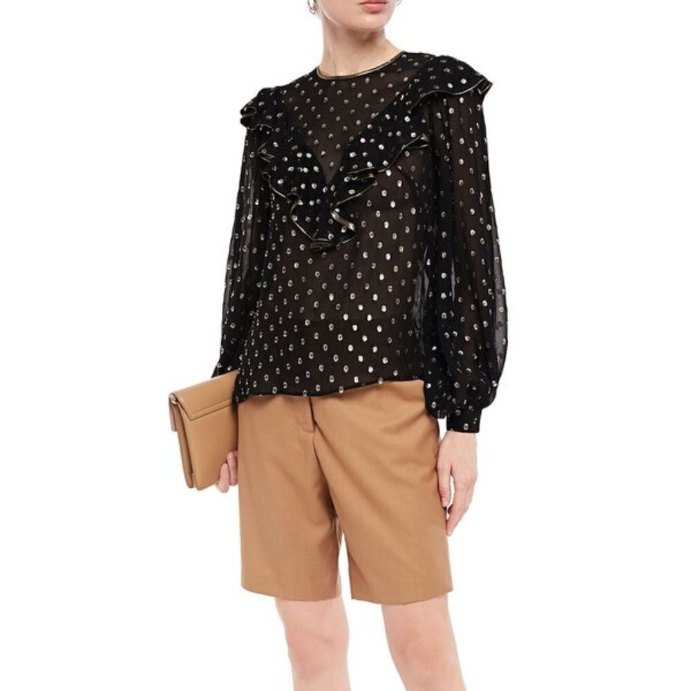 Sandro Lunea Ruffled Metallic-Dot Top